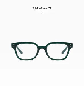 Front view of square blue light blocking glasses in translucent jelly green C02