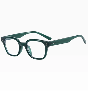 Close-up of deep green acetate full-frame glasses with silver rivet details and clear lenses