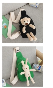 Detailed view of kids canvas chest bags in black and green with 3D animal decorations