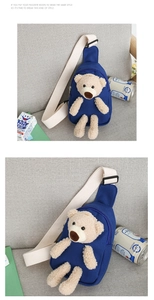 Detailed close-up of a blue canvas kids chest bag featuring a 3D plush bear ornament