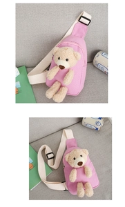 Detailed view of pink canvas kids chest bag with a cute 3D plush bear and adjustable strap
