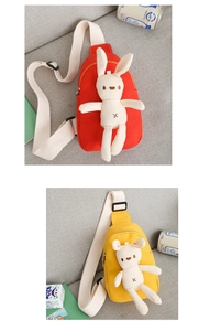 Detail showing red and yellow canvas kid chest bags with cute knitted bunny decor