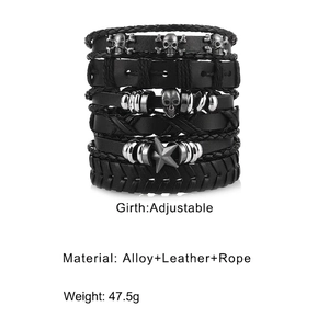 Adjustable multi-layer black leather bracelet set with skull and star charms in punk style