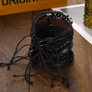 Multilayer black leather woven bracelet with silver metal beads and adjustable cord