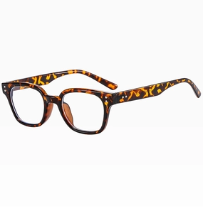 Close-up of tortoise shell glasses frames with vintage silver rivets and thick acetate texture