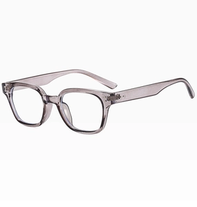 Detail view of stylish transparent grey resin glasses frames with metal hinge structure