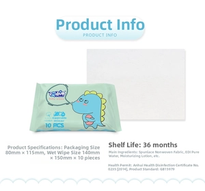 Detail specifications of 10-pack baby wipes showing size dimensions and EDI water ingredients