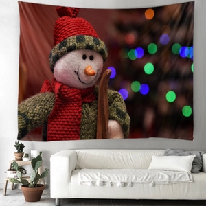 Christmas snowman tapestry hanging on a modern living room wall with festive lights