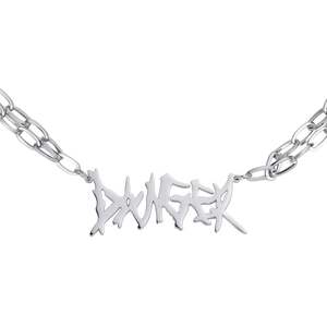 Retro punk double layer stainless steel necklace featuring a silver Danger graffiti pendant