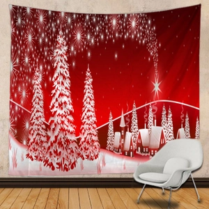 Tapisserie murale de Noël avec scène de village enneigé dans une pièce moderne