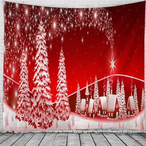 Tenture de Noël représentant une nuit d'hiver enneigée avec chalet et sapins verts