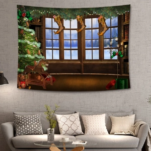 Cozy Christmas scene tapestry detail with lit tree and stockings on a grey wall