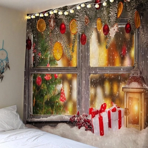 Christmas tapestry with vintage snow window scene and warm fairy lights for bedroom wall