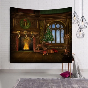 Detail showing high-quality Christmas tapestry with vintage fireplace on white brick wall