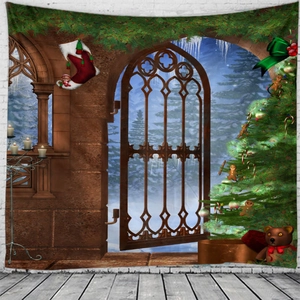 Detailed Christmas wall tapestry featuring a festive tree, teddy bear, and snowy forest view