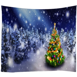 Christmas tree wall tapestry with snowy forest night scene for holiday room decoration