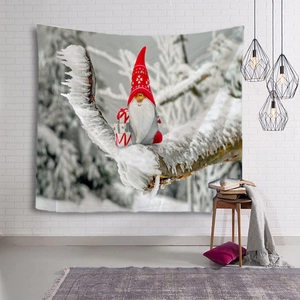 Christmas Gnome tapestry hanging on a white brick wall with modern home decor elements