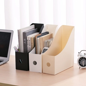 Modern 3-slot plastic desk file organizer in black, white, and beige for office storage