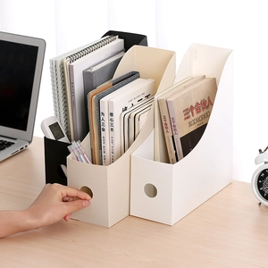 Minimalist desktop file organizers in black, beige, and white for A4 office storage