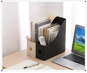 Vertical plastic file organizers in black and cream white on a light wood desk