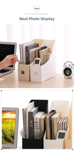 Close-up of a desktop plastic file holder with open slanted design and round pull hole
