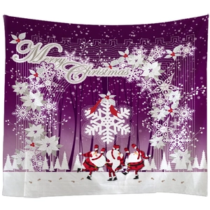 Christmas wall tapestry with dancing Santa Claus and Merry Christmas text on purple background