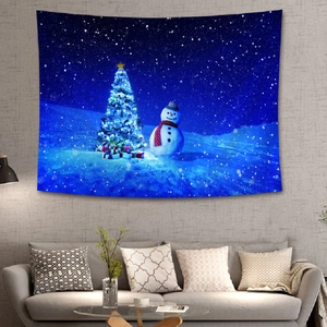 Detail showing high-definition digital printing of a snowman and tree on a Christmas tapestry