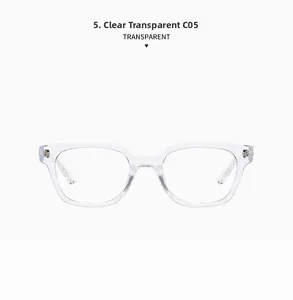 Detail view of transparent square full-rim glasses frame with silver metal hinges