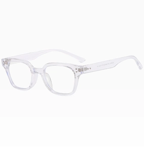 Detail of transparent glasses frame with visible silver metal core and CE certification