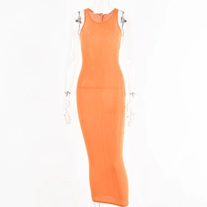 Detail view of bright orange sleeveless bodycon maxi dress with semi-sheer fabric texture