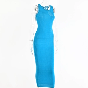 Detail view of a slim fit sleeveless blue maxi dress on a transparent mannequin