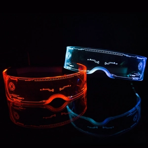 Detail of cyberpunk LED glasses with circuit patterns and glowing red and blue lights