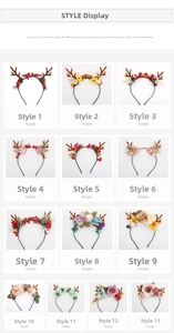 Detailed grid display of 13 styles of red antler headbands with flowers and pine cones