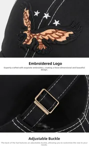 Detail of eagle embroidery and adjustable bronze metal buckle on black baseball cap