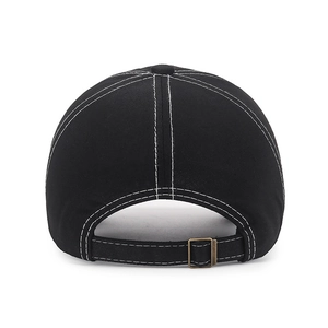Rear view of black cotton baseball cap with eagle embroidery and adjustable metal buckle