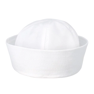 Detail shot of a white sailor hat featuring reinforced stitching on the brim with a canvas texture