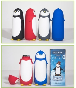 Detail showing cartoon penguin water bottles in four colors with retail packaging