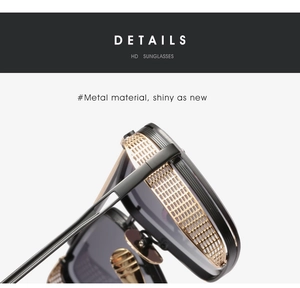 Close-up of retro square sunglasses featuring gold-tone mesh hollow side temple details
