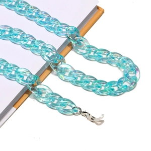 Detailed view of iridescent acrylic eyeglass chain with lobster clasp and rubber loop