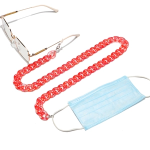 Red acrylic eyewear chain with silver lobster clasps for glasses and masks on white background