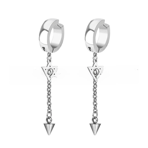 Detailed view of punk style silver hoop earring with hexagram star and cone pendant