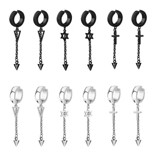 Punk style stainless steel earring set with cross, star, and triangle pendant charms