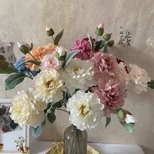 Artificial Peony Satin Flower Flocked Stem Realistic Floral Arrangement Home Wedding Decor Faux Peonies Branch