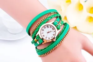 Bohemian style multi-layer wrap watch with bright green leather and gold chain detail