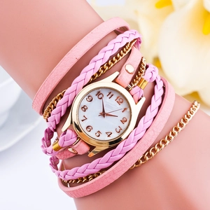 Three-layer wrap watch with pink leather strap, woven cord, and gold chain for women