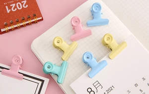 Macro shot of macaron-colored metal binder clips on a notebook for school and office