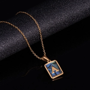Square gold stainless steel necklace with letter A pendant and colorful shell inlay