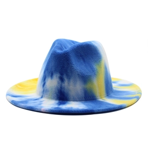 Cappello Fedora Tie Dye Colorato In Feltro Di Lana A Tesa Larga Piatta Berretto Jazz Stile Sfumato Unisex
