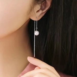 Elegant S925 sterling silver long tassel threader earrings with white shell pearls