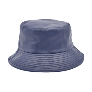 Detail of navy blue PU leather bucket hat with precise multi-row stitching on the brim